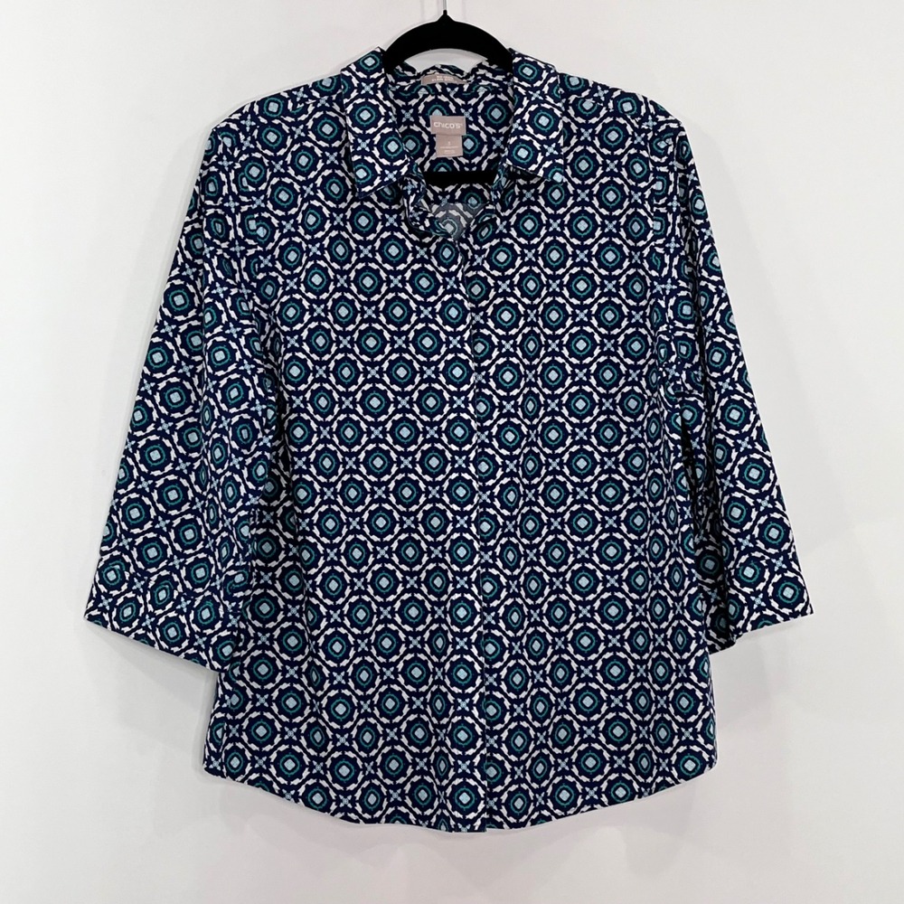 Chicos No-Iron Stain Shield Cotton Blouse Navy Blue Teal Medallion Size 3 16/18